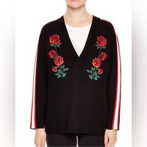 Sandro Black V-Neck Sweater with Red Floral Design